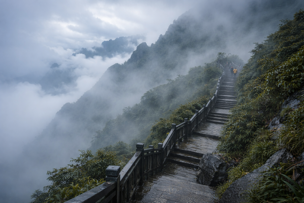 Nebel und Wolken am Fansipan mit Wegen und Treppen in hochgelegener Lage