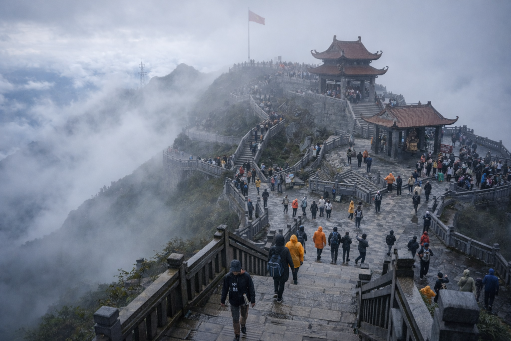 Besucher und Wege im Gipfelbereich des Fansipan mit klarer Struktur