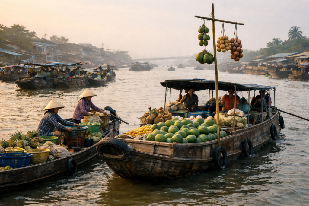 Handelsboot auf einem Floating Market im Mekong-Delta mit einer Bambusstange (cây bẹo), an der die angebotene Ware sichtbar befestigt ist.