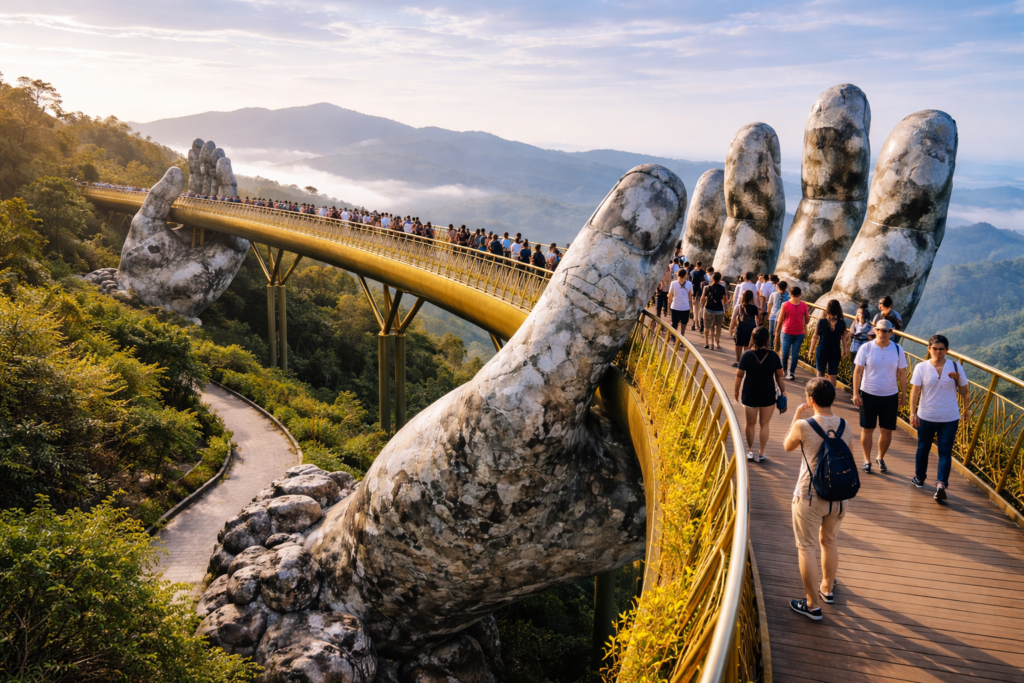 Besucher auf der Golden Bridge in den Ba Na Hills bei klarem Hochlandwetter