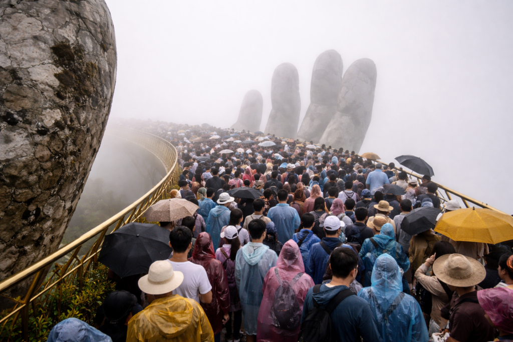 Menschenmassen und Nebel auf der Golden Bridge in den Ba Na Hills