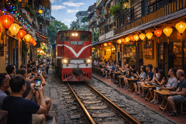 Zugdurchfahrt auf der Hanoi Train Street im Bereich Lê Duẩn mit dicht an den Gleisen stehenden Cafés und Wohnhäusern.