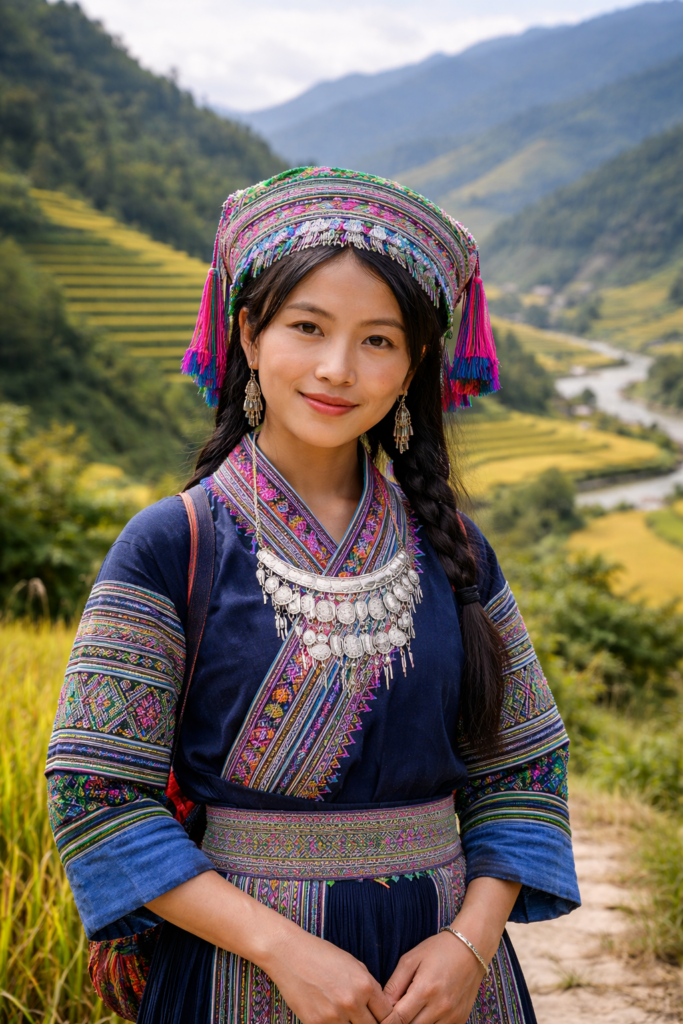 Angehörige der ethnischen Gruppe der Hmong in traditioneller Kleidung im nordvietnamesischen Bergland.