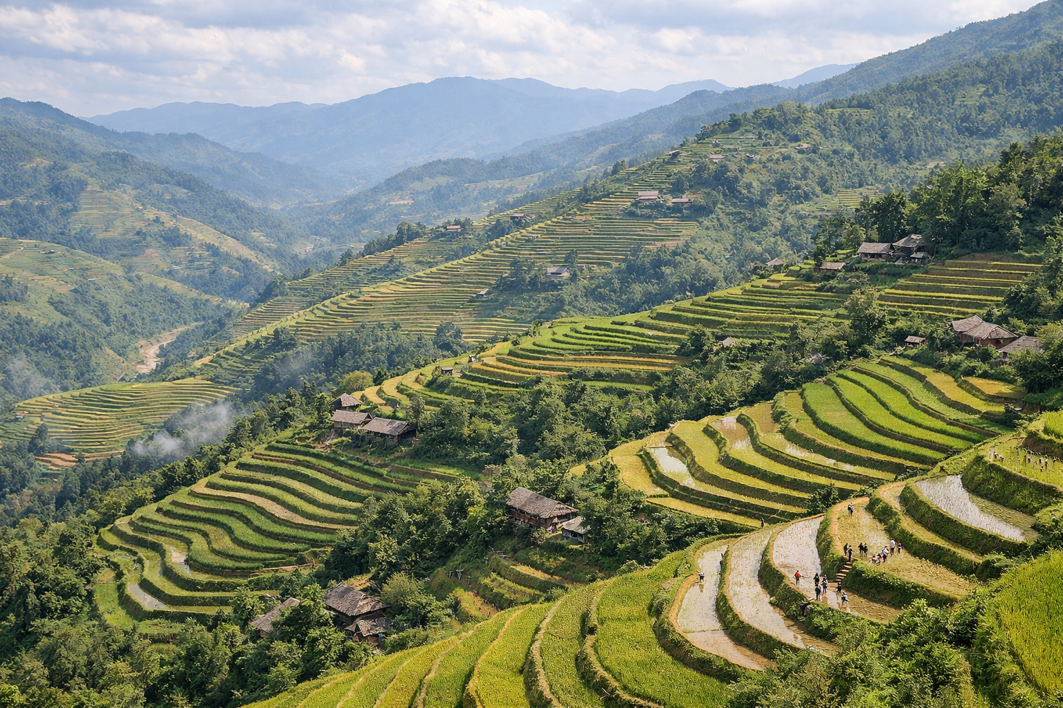 Reisterrassen in Hoàng Su Phì im Hochland Nordvietnams, die sich stufenförmig über steile Berghänge ziehen und den Maßstab der Landschaft zeigen.