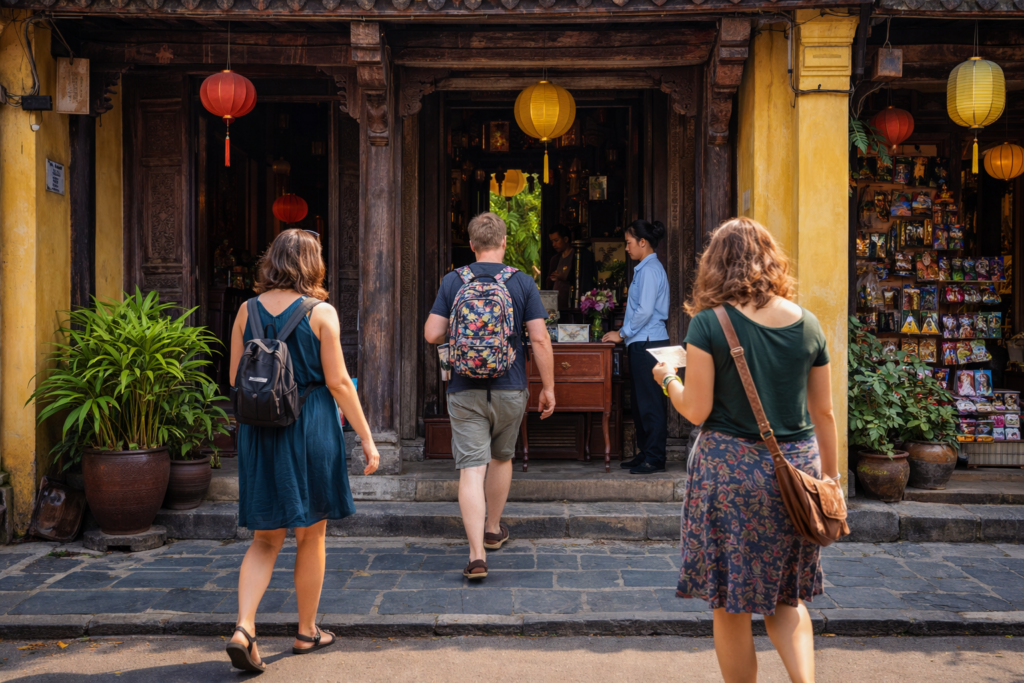 Besucher vor einem historischen Gebäude in der Altstadt von Hoi An mit traditioneller gelber Fassade.