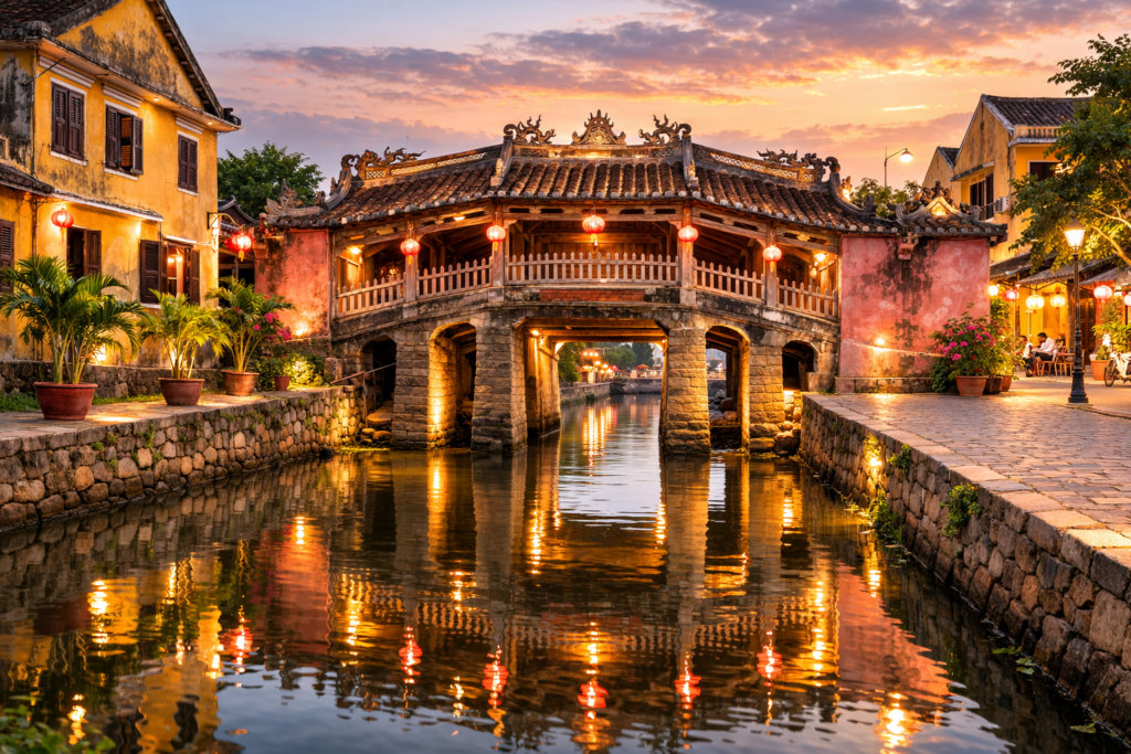 Japanische Brücke in Hoi An nach Restaurierung 2024 im warmen Abendlicht