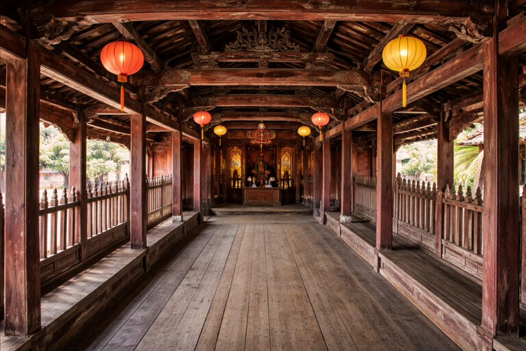 Innenansicht der Japanischen Brücke in Hoi An mit Holztragwerk, Altar für Trấn Vũ und traditioneller Dachkonstruktion