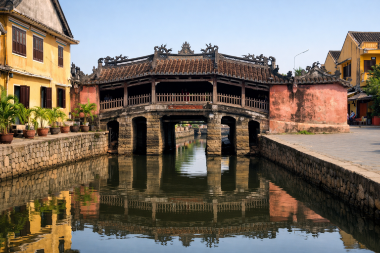 Japanische Brücke in Hoi An bei Tageslicht mit überdachtem Holzbau und Spiegelung im Wasser