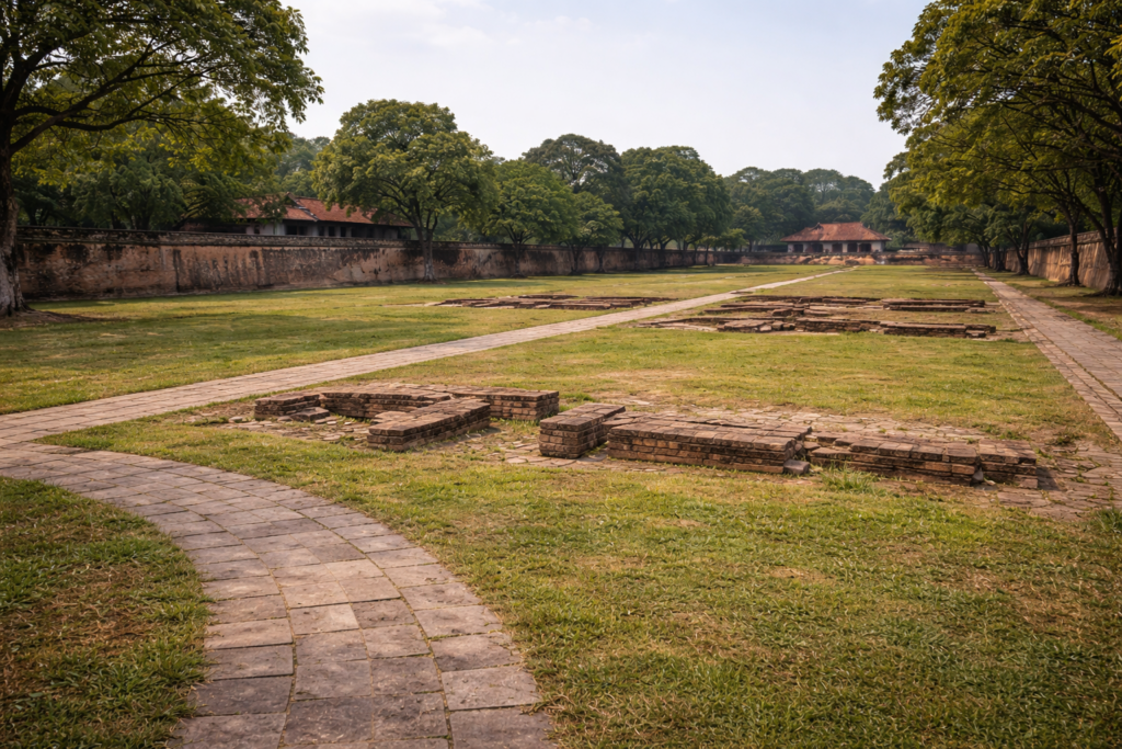 Gelände der Kaiserlichen Zitadelle von Thăng Long mit Rasenflächen, Wegen und historischen Mauerresten