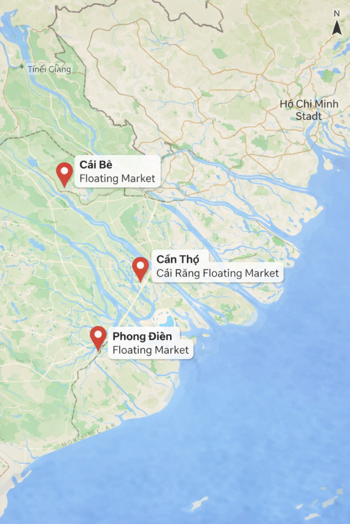 Kartengrafik des Mekong-Deltas in Südvietnam mit markierten Floating Markets Cái Răng, Phong Điền und Cái Bè.