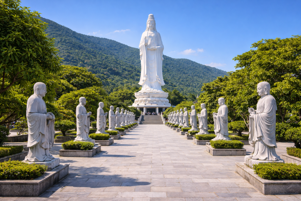 Reihen von Arhat-Figuren auf dem Gelände der Linh-Ung-Pagode mit Lady Buddha im Hintergrund.