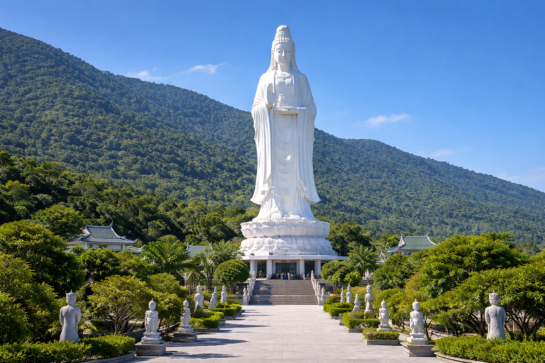 Lady Buddha Statue der Linh-Ung-Pagode auf der Sơn-Trà-Halbinsel bei klarem blauem Himmel.