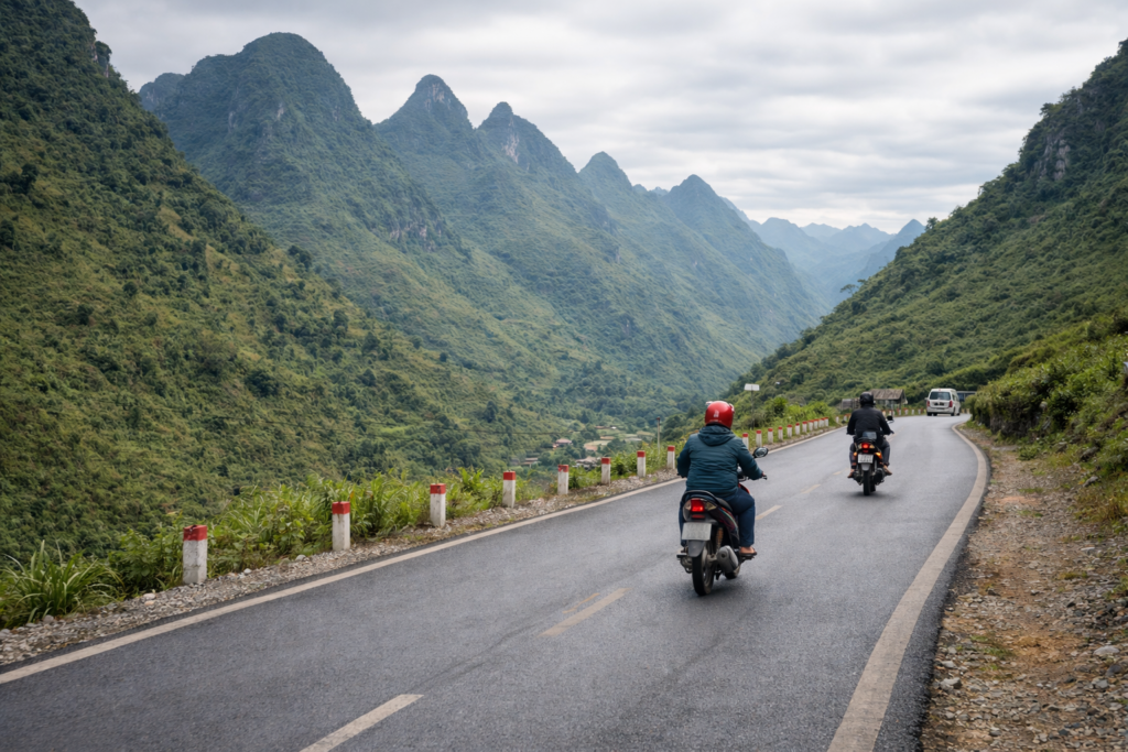 Kurzer Halt von Reisenden an der Straße am Ma-Pi-Leng-Pass.