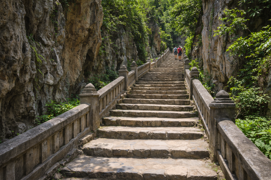 Steinerne Treppe auf Thủy Sơn in den Marble Mountains mit Felswänden und Tageslicht.