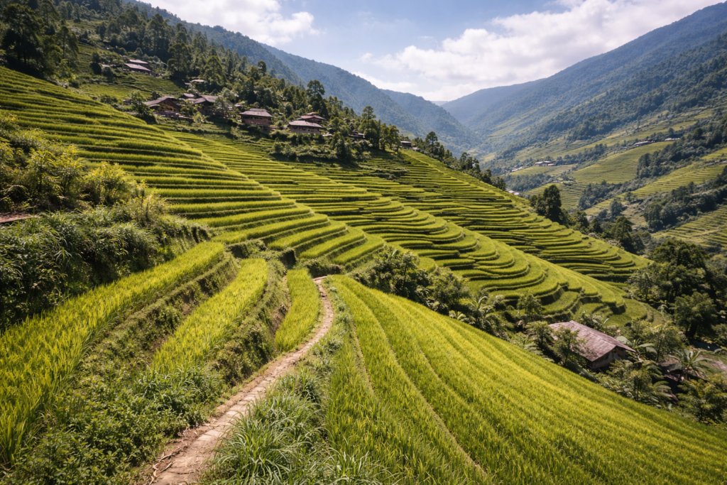 Reisterrassen im Muong-Hoa-Tal nahe Lao Chải mit gestaffelten Hangfeldern