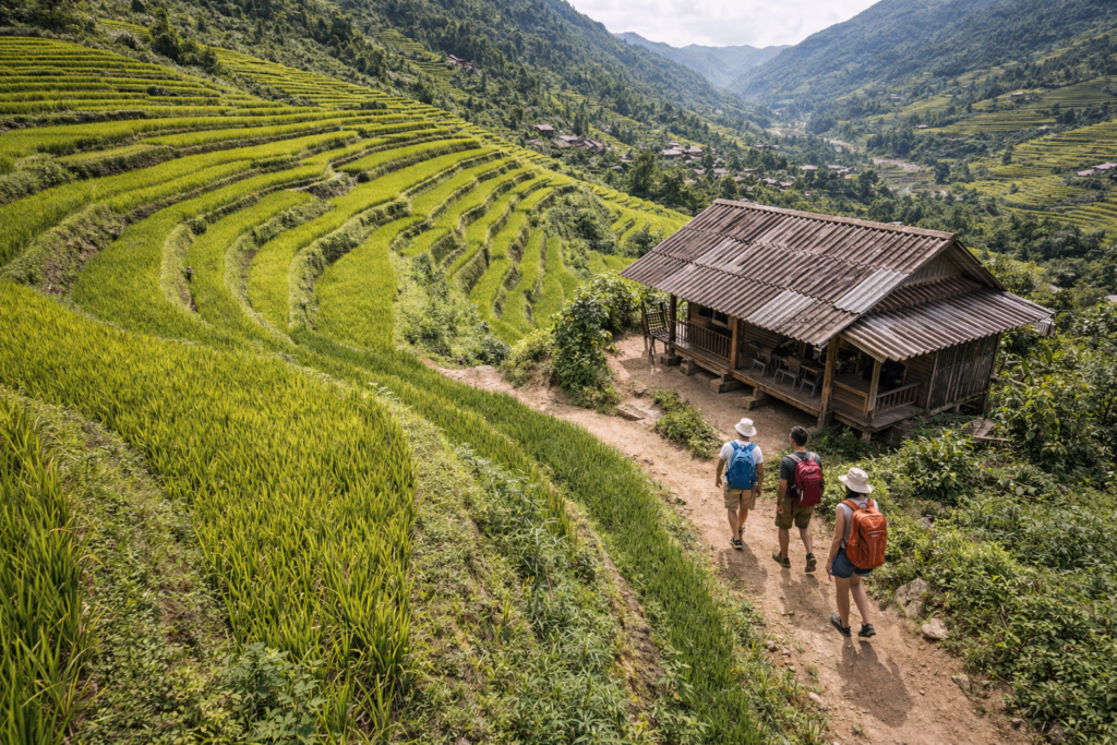 Trekkingpfad zwischen Reisterrassen im Muong-Hoa-Tal nahe Tả Van