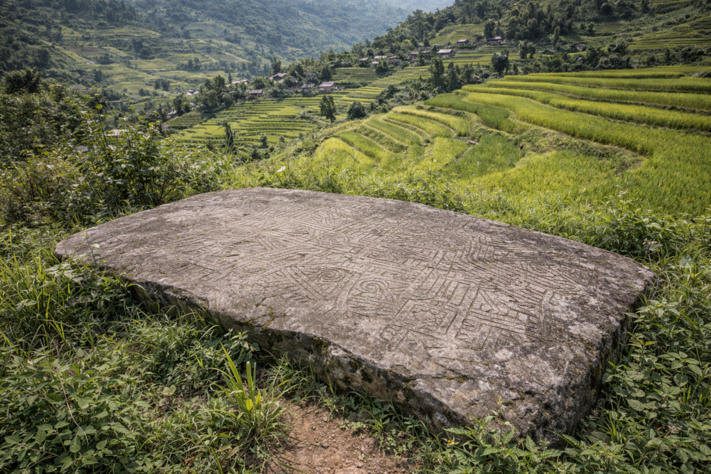 Gravierte Steinplatte im Muong-Hoa-Tal mit sichtbaren Linienmustern