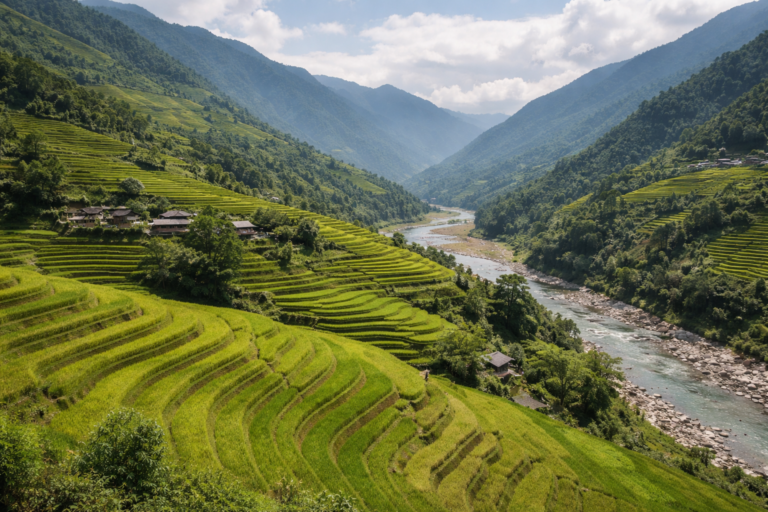 Muong-Hoa-Tal bei Sa Pa mit Reisterrassen und Fluss im Hoàng-Liên-Sơn-Gebirge