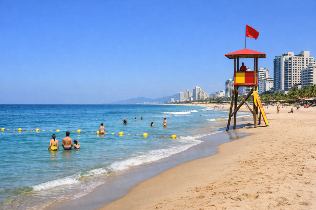 Markierte Badezone am My-Khe-Strand mit Bojen und Rettungsschwimmer bei ruhiger See.