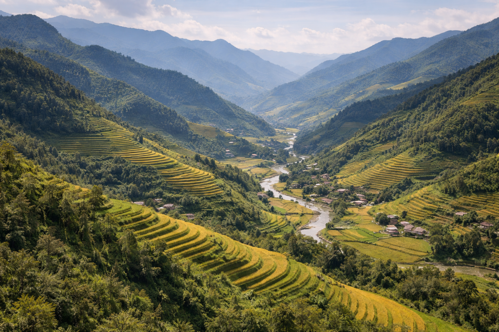 Berglandschaft in Nordvietnam mit steilen Hängen und eingebetteten Reisterrassen.