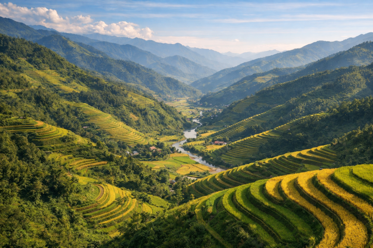Reisterrassen im Bergland Nordvietnams mit gestuften Feldern entlang steiler Hänge.