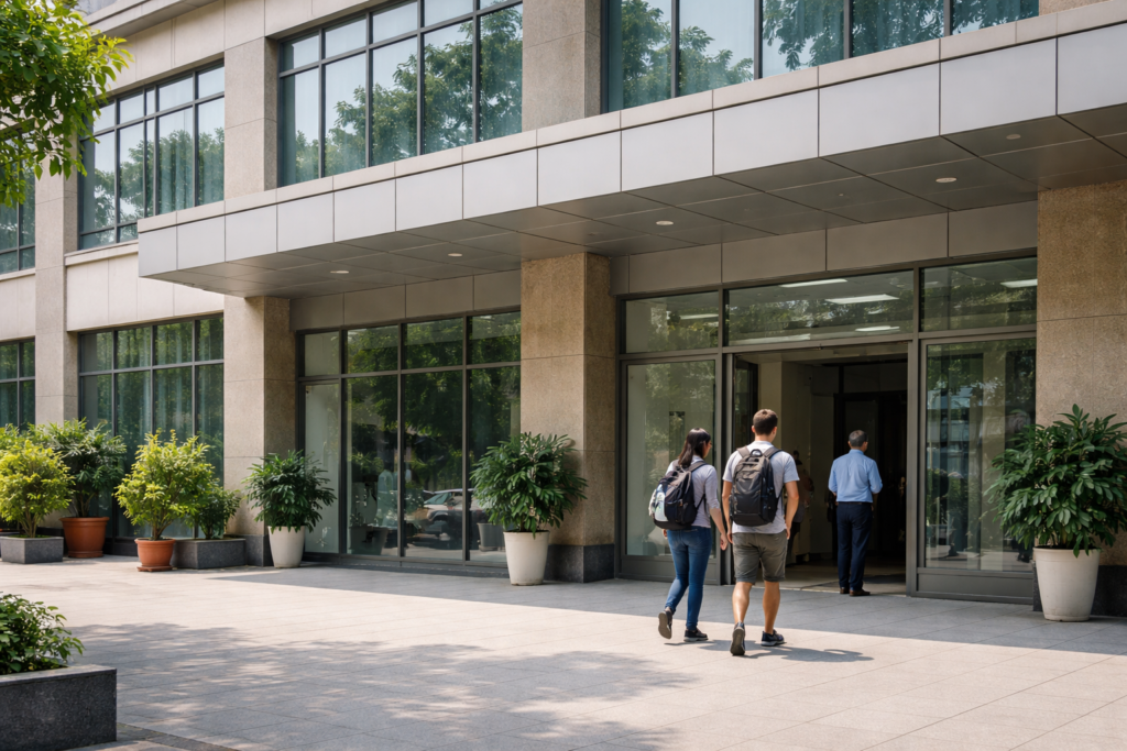 Auswandern nach Vietnam: Gebäude einer vietnamesischen Einwanderungsbehörde mit wartenden Personen