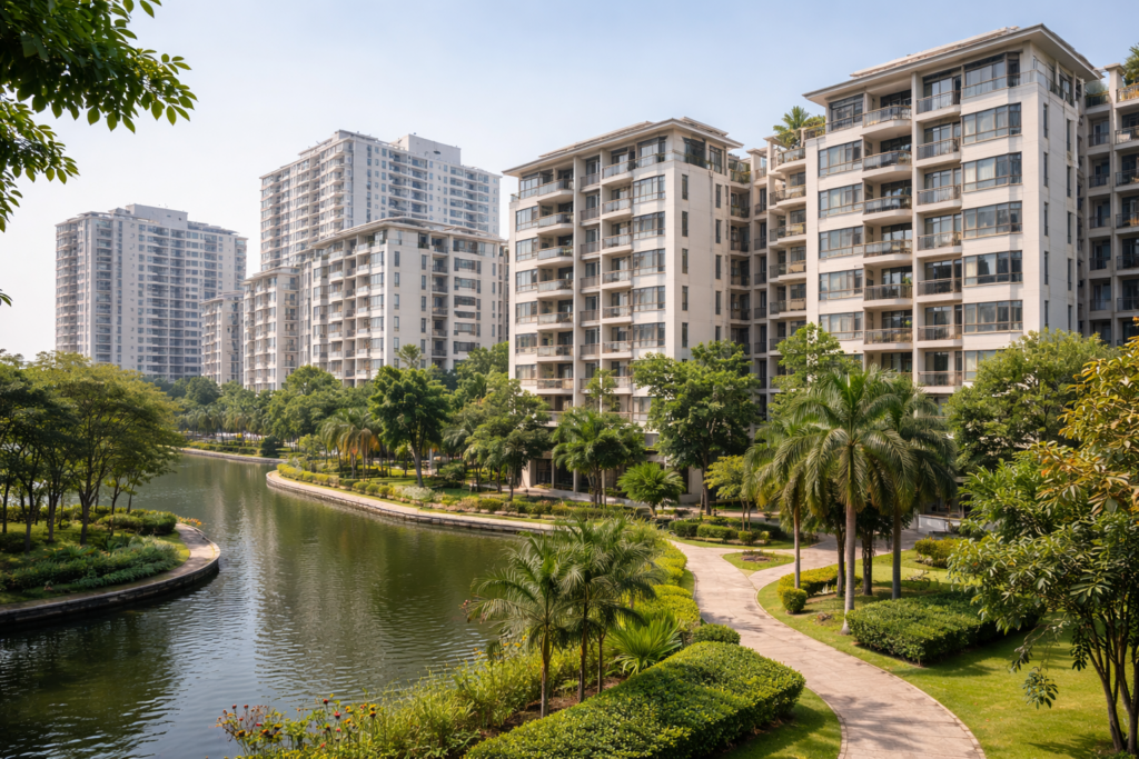 Auswandern nach Vietnam: Wohnanlage im Großraum Hanoi mit modernen Apartmentgebäuden