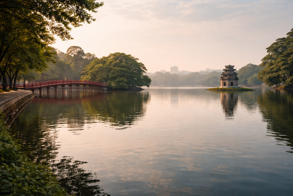 The-Huc-Brücke und Turtle Tower am Hoan-Kiem-See in Hanoi, ruhig und ausgewogen aus seitlicher Perspektive.