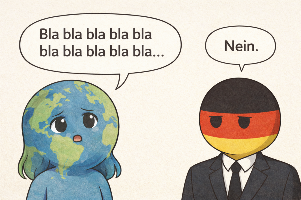Minh họa phong cách meme: Trái Đất nói “bla bla bla”, nhân vật đại diện cho nước Đức trả lời ngắn gọn “Nein”, minh họa sự khác biệt trong cách giao tiếp giữa Đức và thế giới