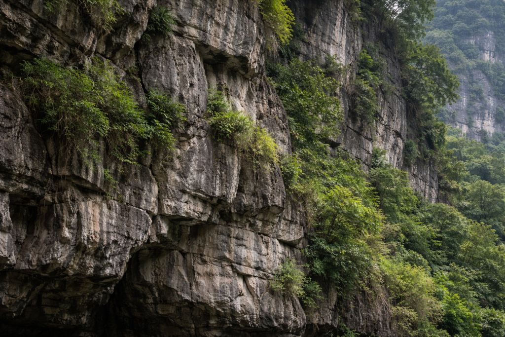 Verwitterte Kalksteinfelsen in Trang An mit deutlich erkennbarer Schichtung und natürlichem Bewuchs