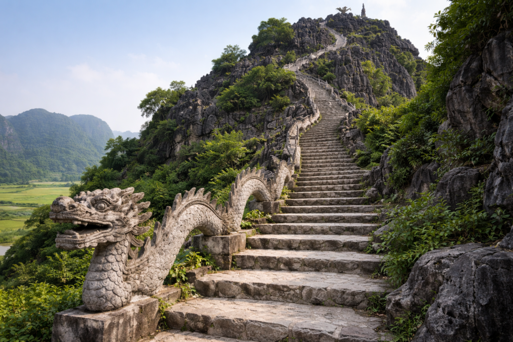 Steintreppe der Mua Cave am Karsthügel von Ninh Binh mit Drachenfigur