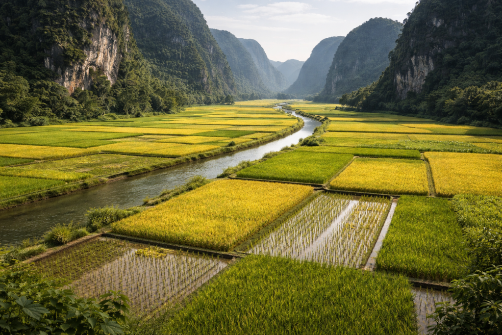 Strukturierte Reisfelder in Tam Coc mit Parzellen, Dämmen und Wasserführung vor Karstfelsen.