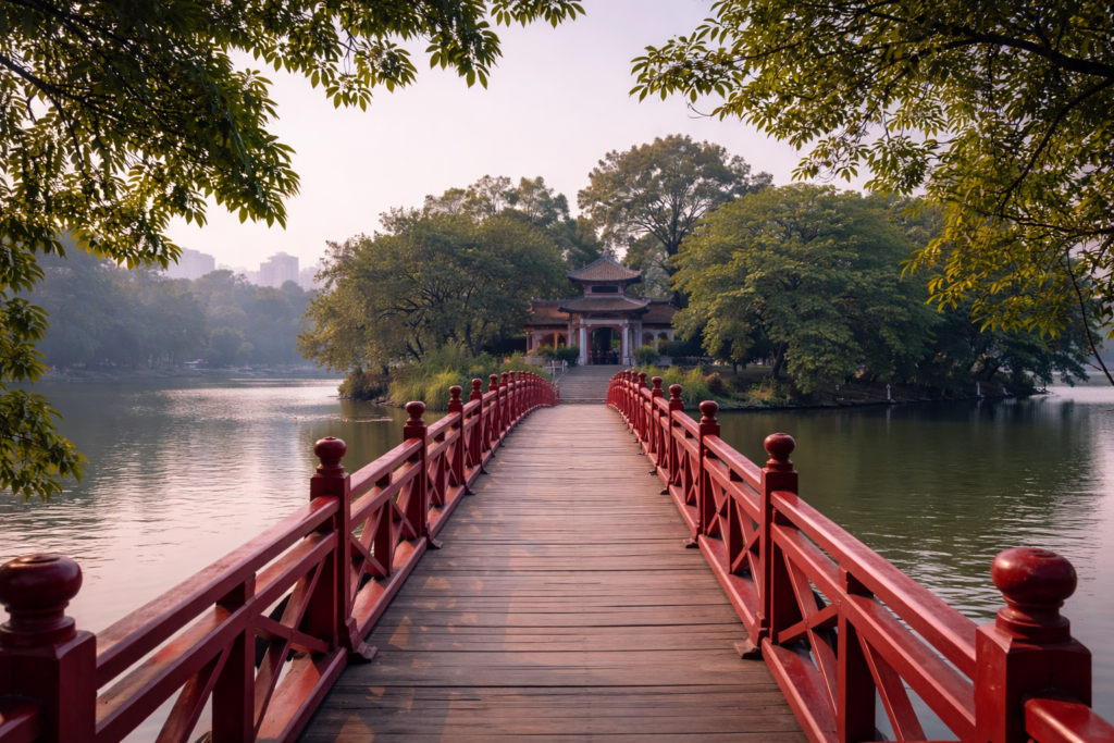 The-Huc-Brücke als Zugang zum Ngoc-Son-Tempel auf dem Hoan-Kiem-See