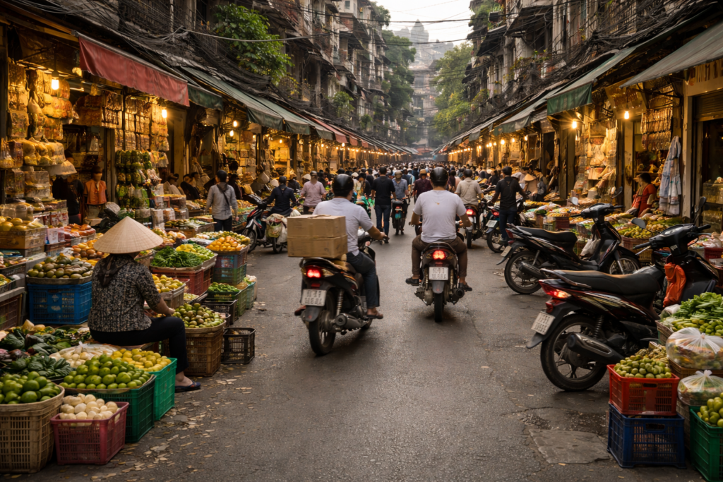 Straßenverkehr und Alltagsbewegung in der Altstadt von Hanoi mit Mopeds und Fußgängern