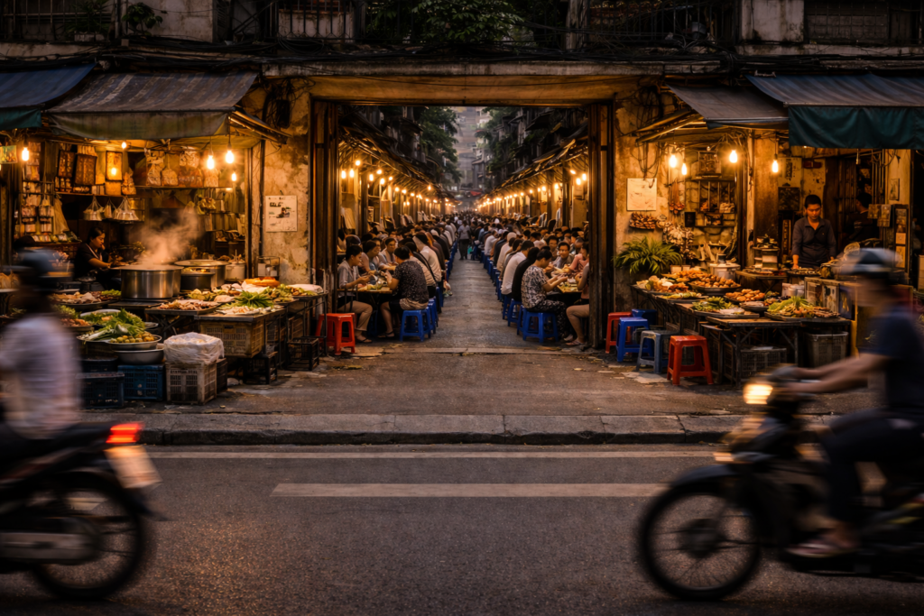 Straßenessen am Abend in Hanoi Altstadt mit Garküche und Sitzplätzen