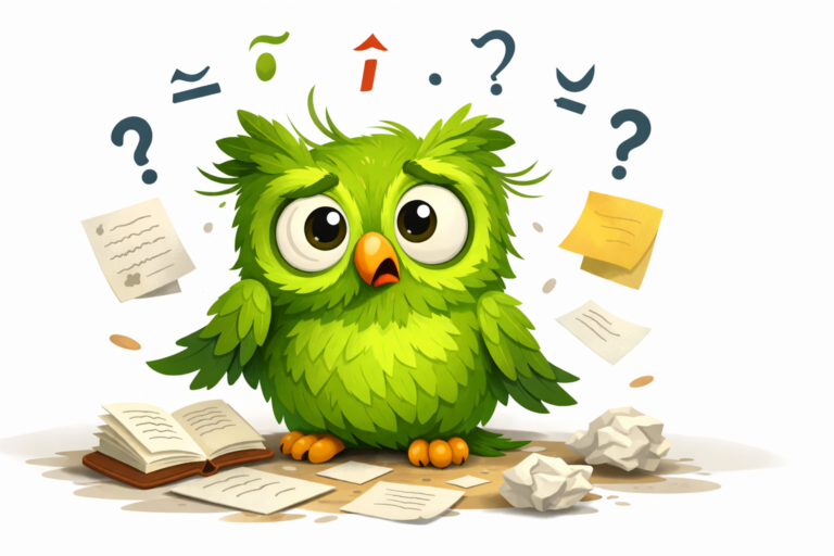 Vietnamesisch lernen mit Duolingo: Verwirrte grüne Eule als Symbol für die Herausforderungen beim Vietnamesischlernen mit Sprachlern-Apps