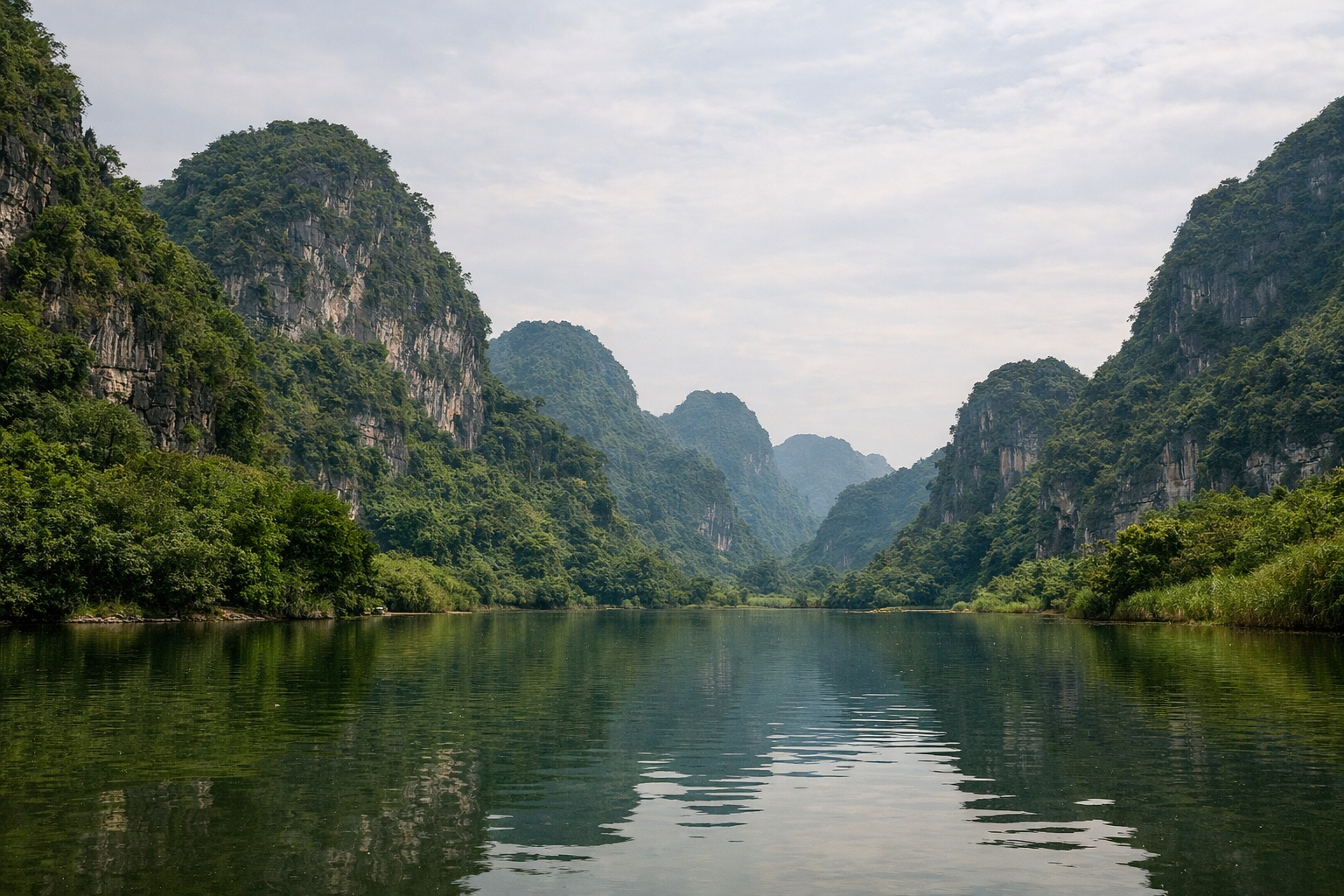 Karstlandschaft von Trang An in der Provinz Ninh Binh mit Kalksteinfelsen, ruhigen Wasserflächen und dichter Vegetation