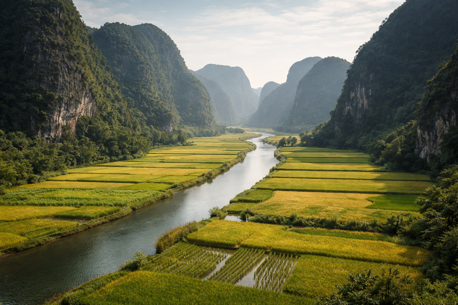 Weites Karsttal von Tam Coc mit Reisfeldern entlang des Ngo-Dong-Flusses zwischen steilen Kalksteinfelsen.