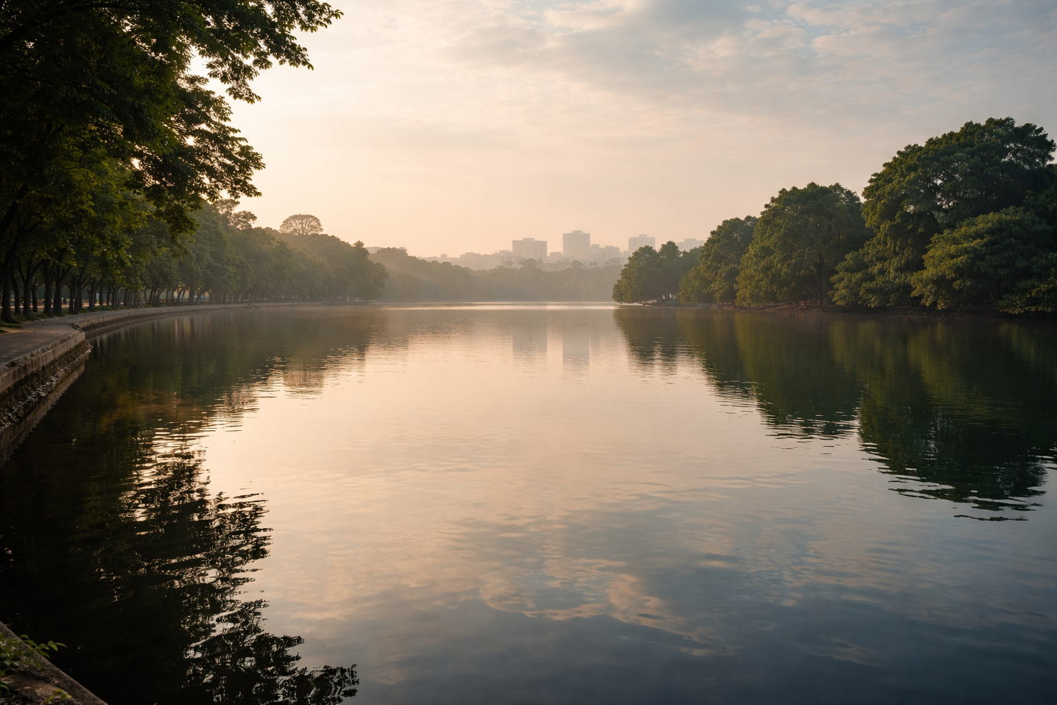 Ruhiger Blick über den Hoan-Kiem-See in Hanoi im weichen Morgenlicht, mit Spiegelungen auf der Wasseroberfläche.