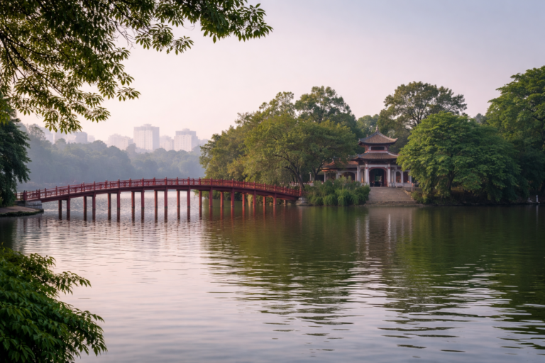 Hoan-Kiem-See in Hanoi mit der roten The-Huc-Brücke zum Ngoc-Son-Tempel