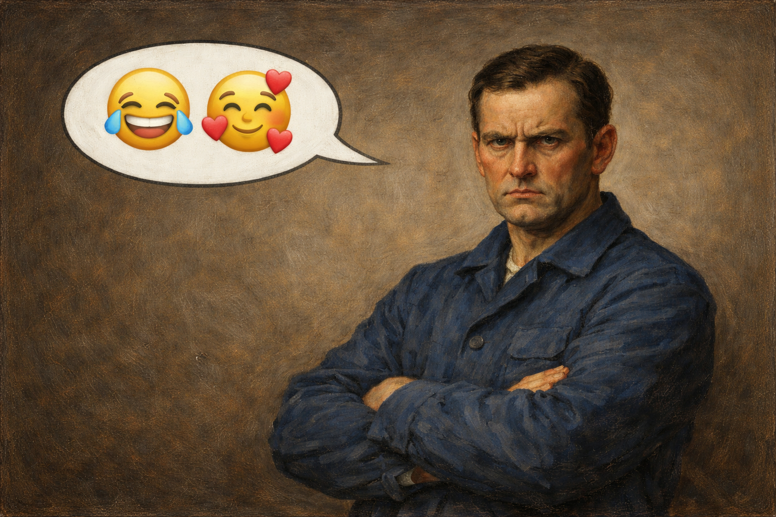 Tranh phong cách tân cổ điển Đức: một người đàn ông Đức mặc vest, ánh mắt nghiêm khắc, bong bóng lời nói chứa biểu tượng cảm xúc 😂 🥰, thể hiện sự tương phản giữa cảm xúc và cách giao tiếp thẳng thắn của người Đức