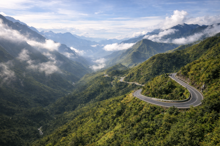 Tram-Ton-Pass im Hoàng-Liên-Sơn-Gebirge mit kurviger Bergstraße auf etwa 2.000 Metern Höhe
