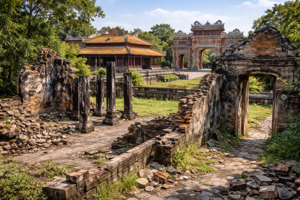 Beschädigter und restaurierter Gebäudebereich in der Kaiserlichen Zitadelle von Huế