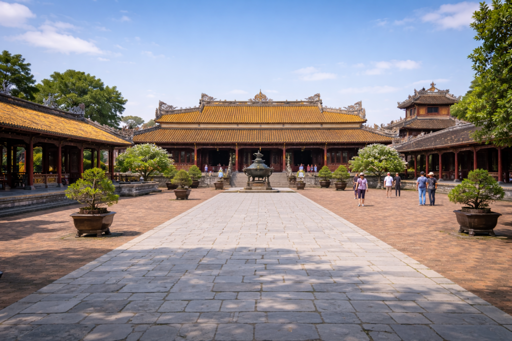 Innenhof der Kaiserlichen Zitadelle von Huế mit Besuchern im Hintergrund