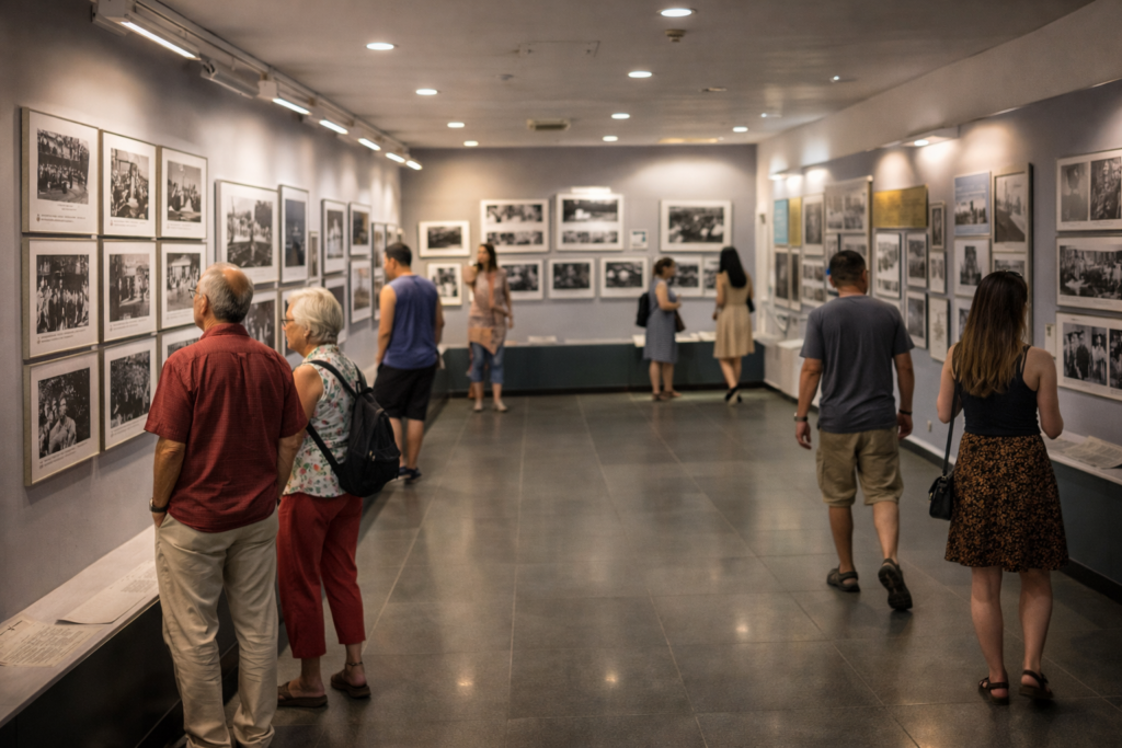 Innenraum des Kriegsmuseums mit Fotografien an den Wänden und ruhigen Besuchern