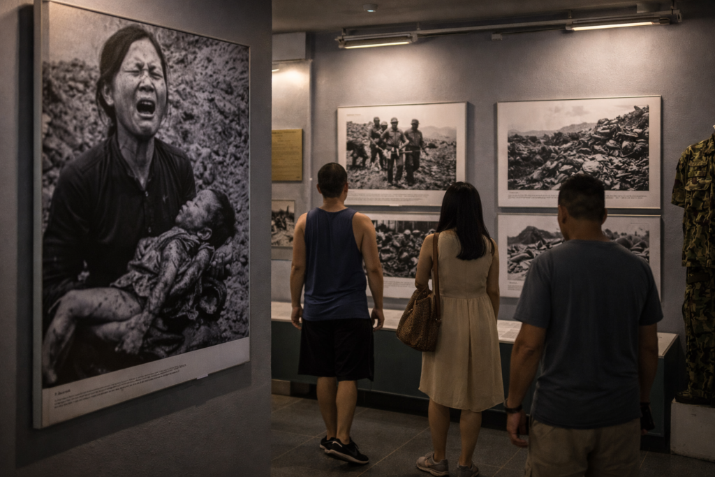 Ausstellungsraum im Kriegsmuseum mit Dokumenten und Informationstafeln zum Thema Agent Orange