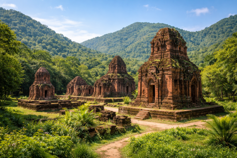 Mỹ-Sơn-Heiligtum mit Cham-Backsteintürmen in einem grünen Tal in Zentralvietnam bei Tageslicht