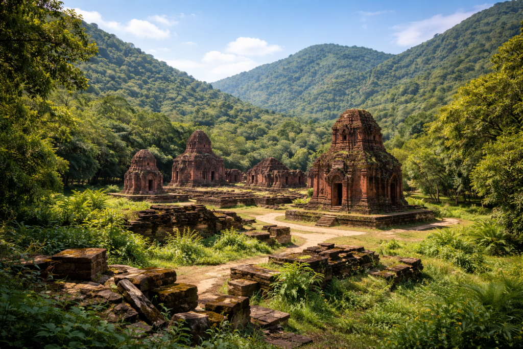 Blick über das Tempelareal von Mỹ Sơn mit Cham-Ruinen und bewaldeten Hügeln im Hintergrund