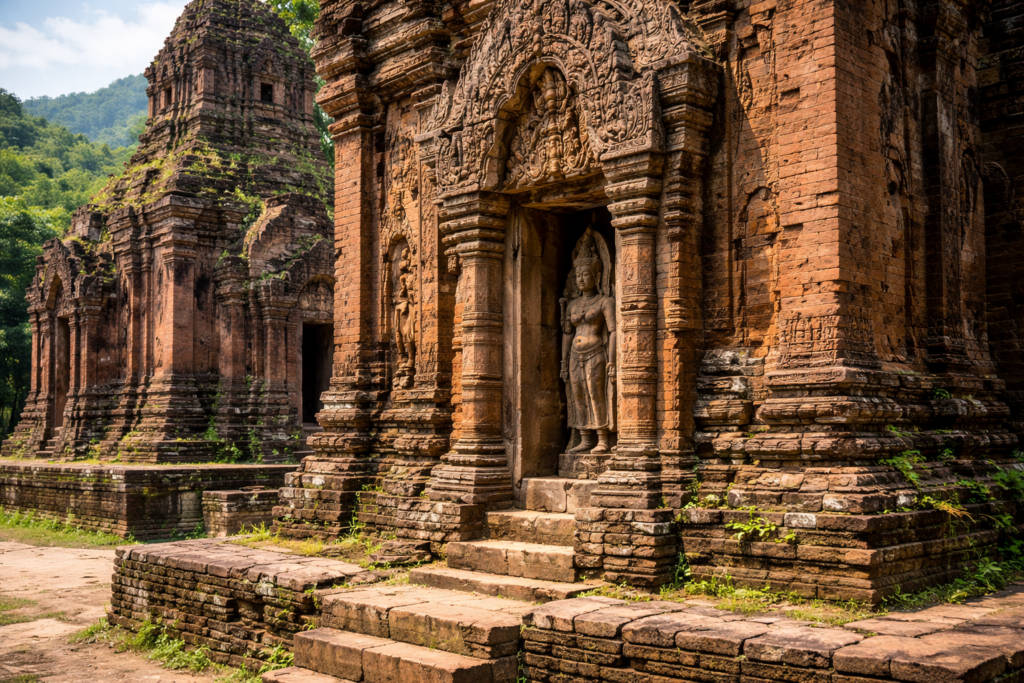 Detail der Ziegelbauweise und Ornamentik an einem Cham-Tempel im Mỹ-Sơn-Heiligtum