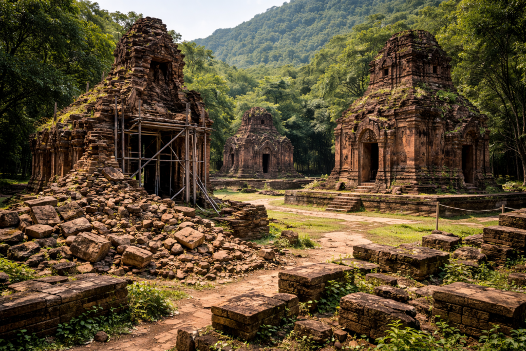 Beschädigte Cham-Tempelruinen in Mỹ Sơn mit sichtbaren Restaurierungsmaßnahmen